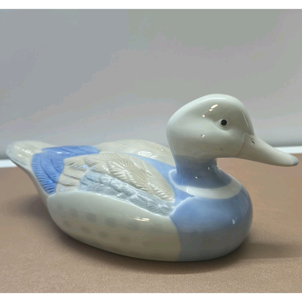 Rare Vintage Glazed Ceramic Blue & White Duck Waterfowl Figurine